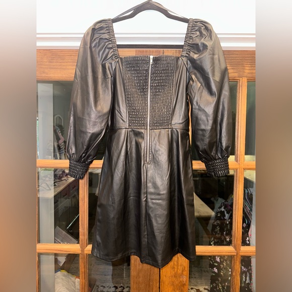 NWT 7 For All Mankind Size Small Elegant Black Faux Leather Smocked Dress